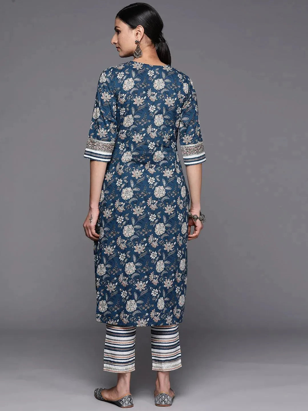 Blue Printed Cotton Straight Kurta Set With Trousers - Libas 