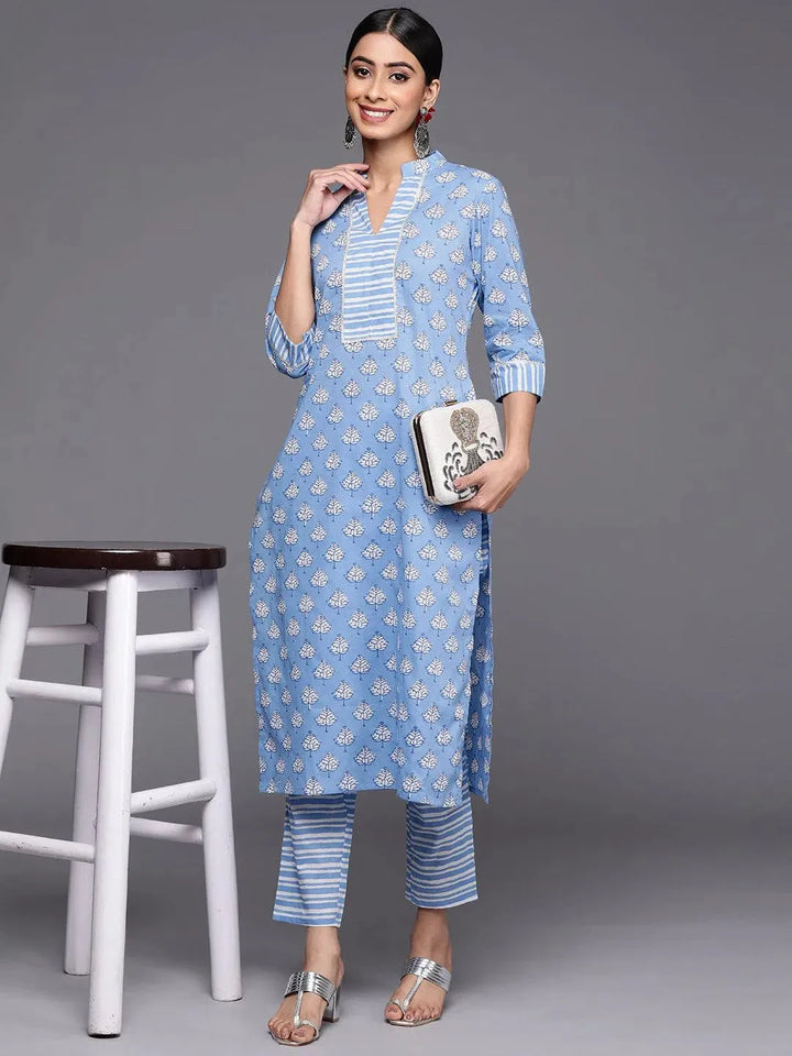 Blue Printed Cotton Straight Kurta Set With Trousers - Libas