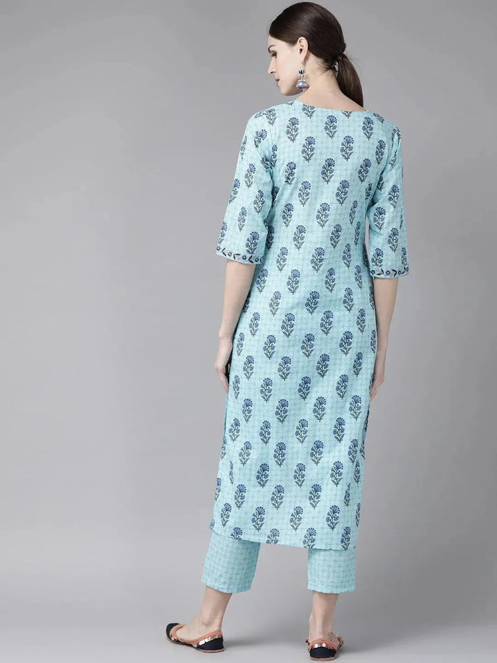 Blue Printed Cotton Kurta Set - Libas