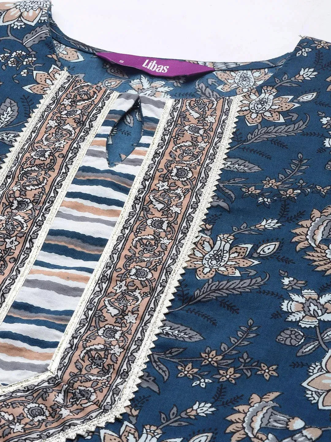 Blue Printed Cotton Straight Kurta Set With Trousers - Libas 