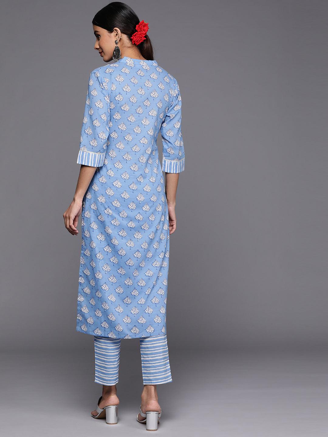 Blue Printed Cotton Straight Kurta Set With Trousers - Libas