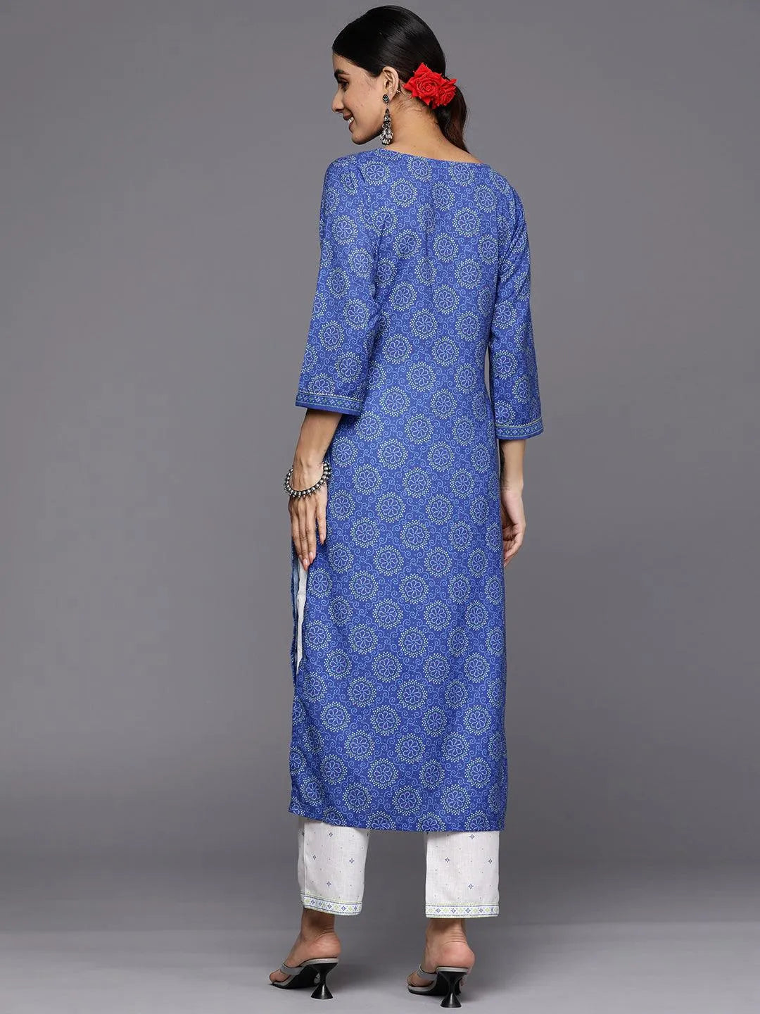 Blue Printed Cotton Straight Kurta Set With Trousers - Libas 