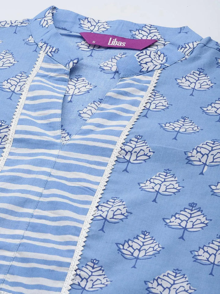 Blue Printed Cotton Straight Kurta Set With Trousers - Libas