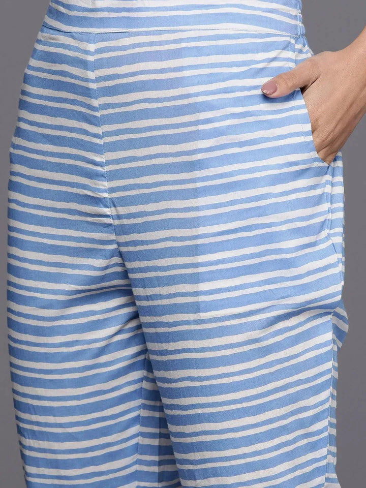 Blue Printed Cotton Straight Kurta Set With Trousers - Libas