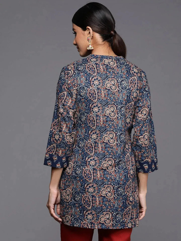 Blue Printed Cotton Straight Kurti - Libas