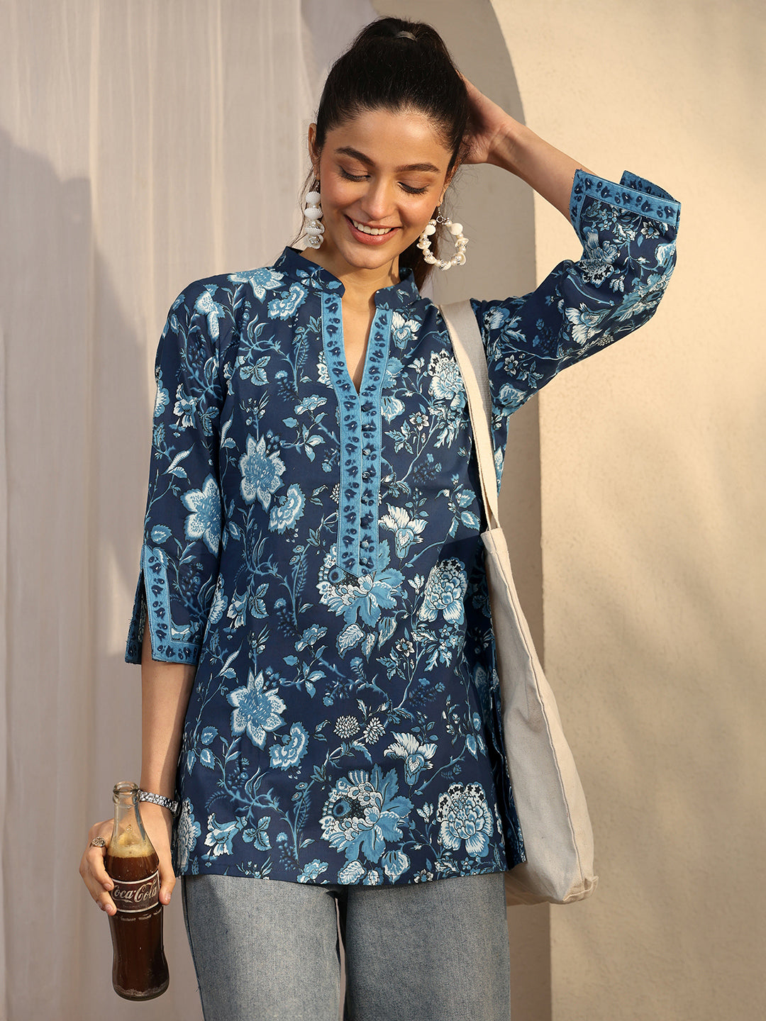 Blue Printed Cotton Straight Short Kurti-image-10