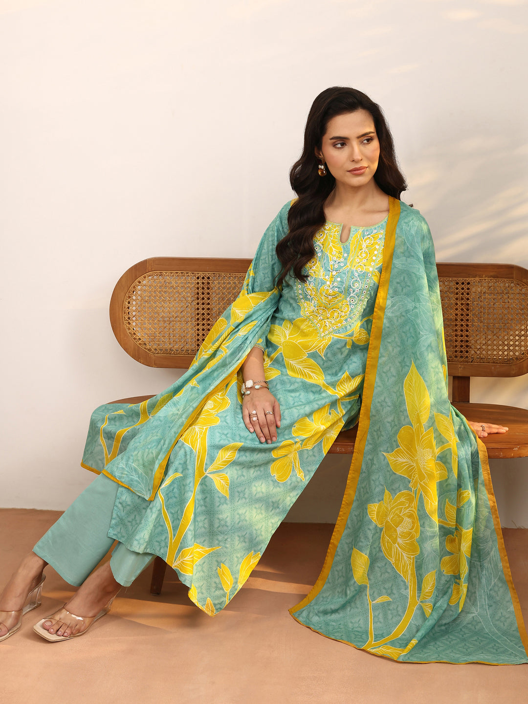 Blue Printed Cotton Straight Suit Set With Dupatta