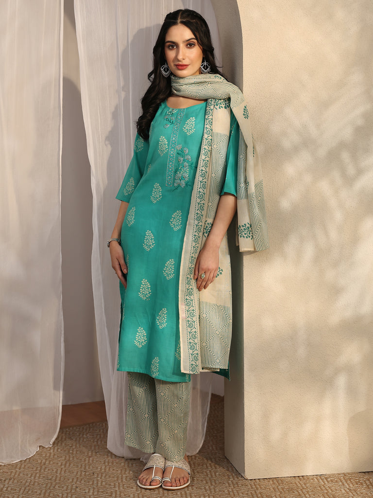Libas Blue Printed Cotton Straight Suit Set With Dupatta