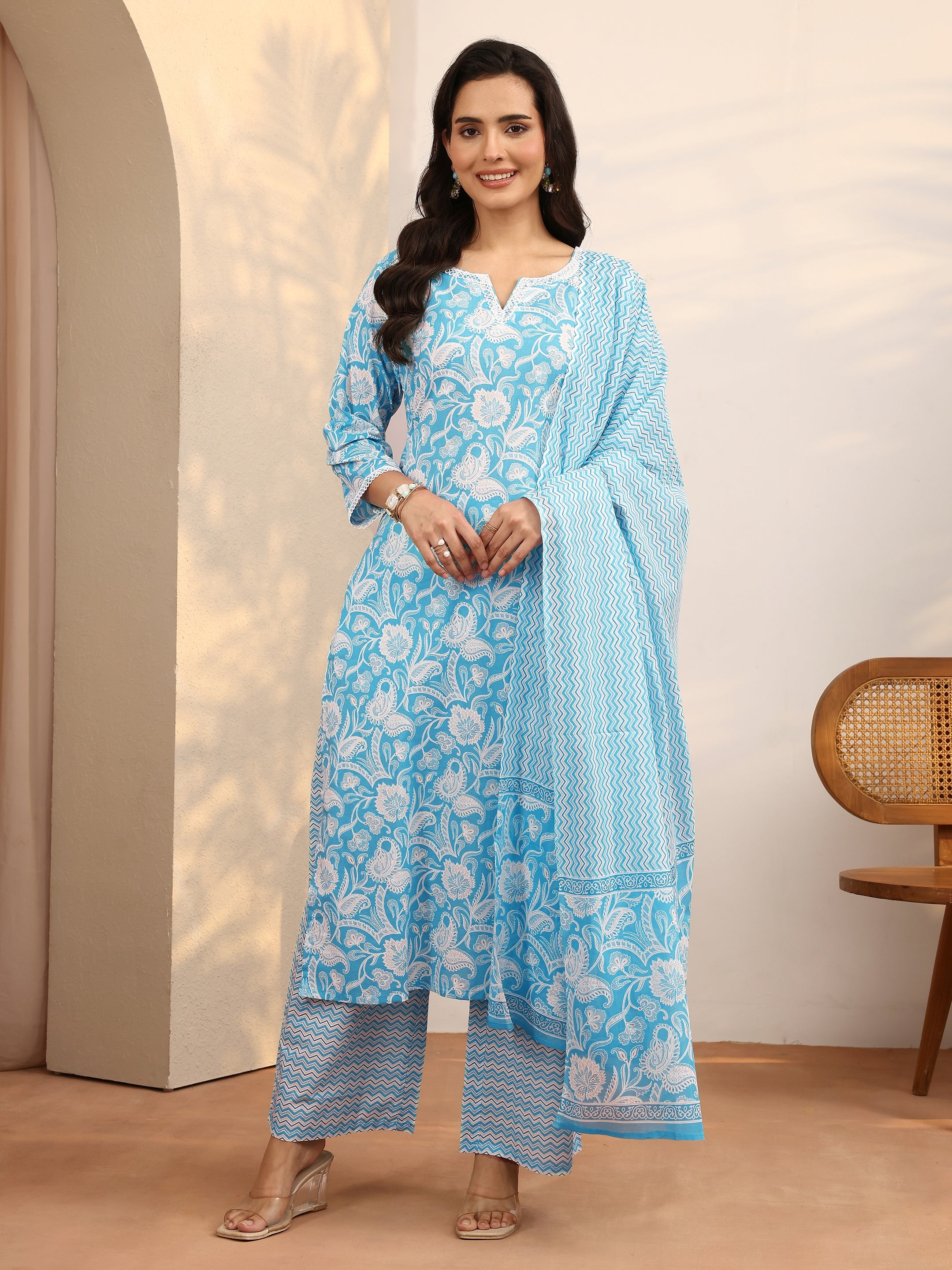 libas Blue Printed Cotton Straight Suit Set With Dupatta-picture-52