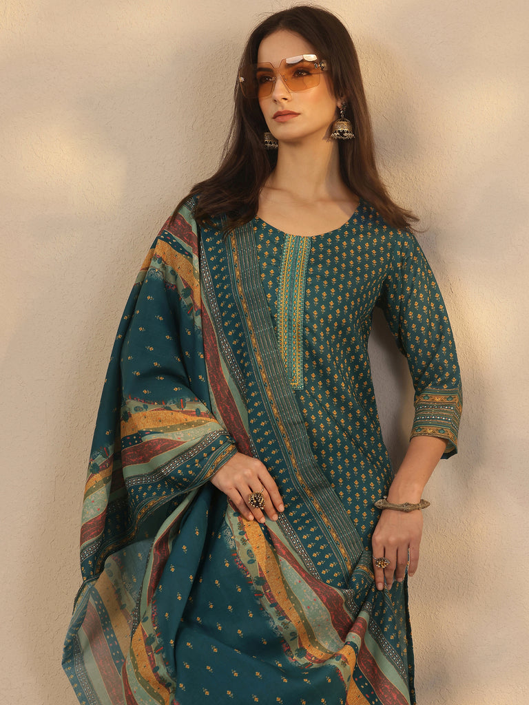 Libas Blue Printed Cotton Straight Suit Set With Dupatta