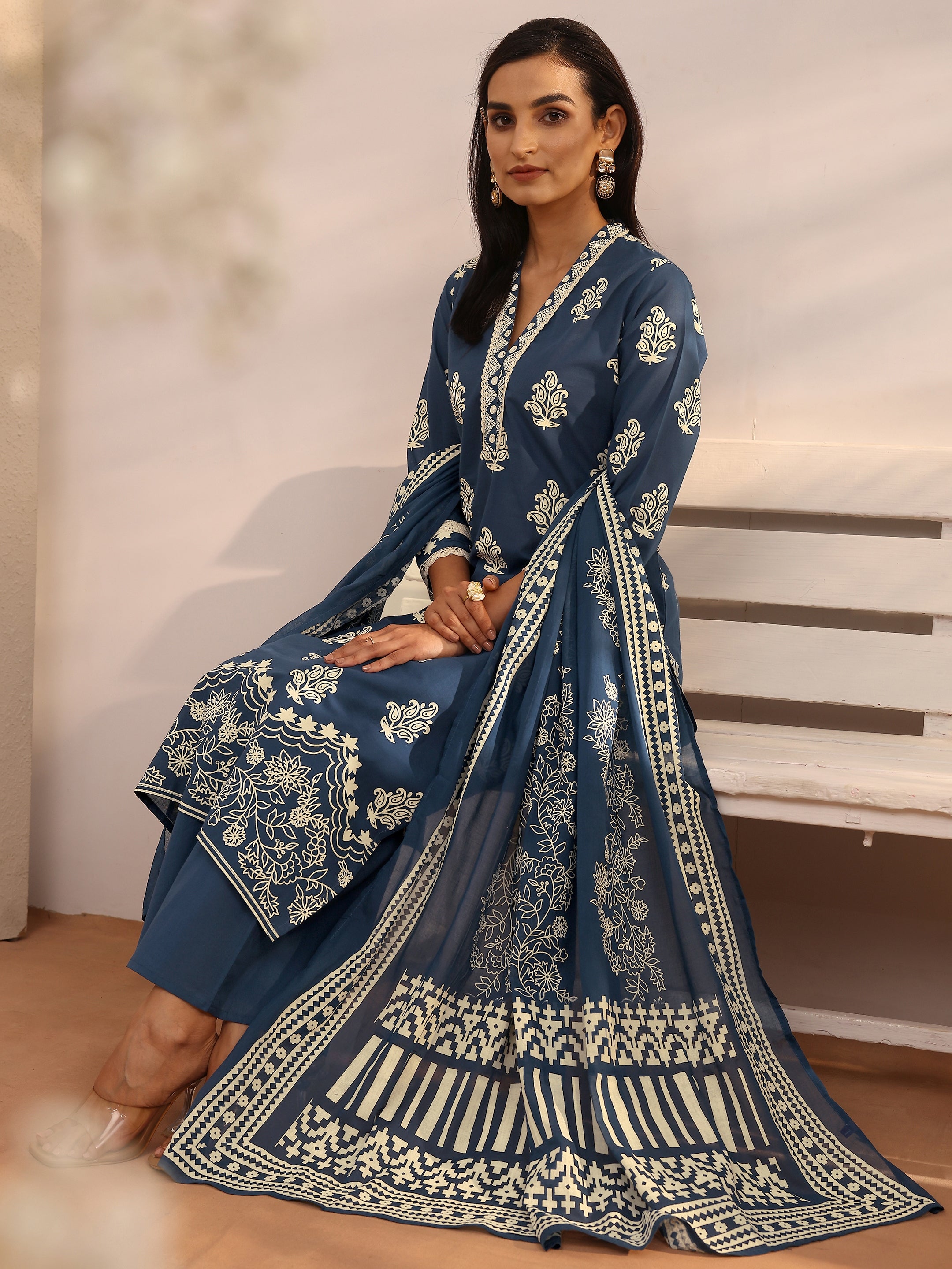 libas Blue Printed Cotton Straight Suit Set With Dupatta-picture-34
