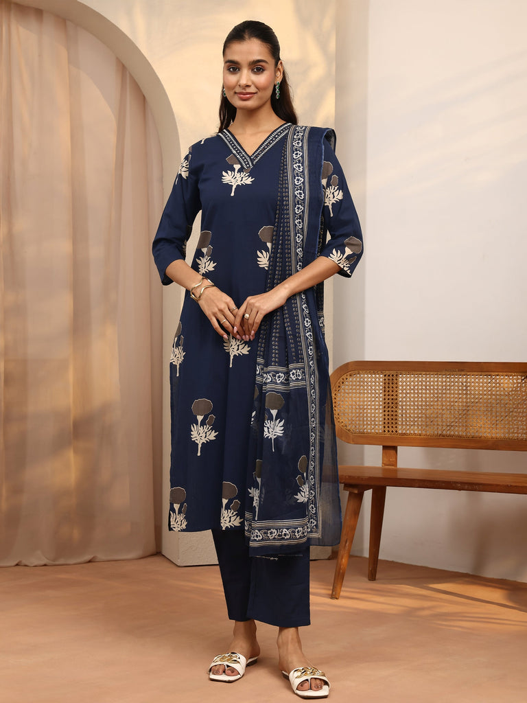 Libas Blue Printed Cotton Straight Suit Set With Dupatta