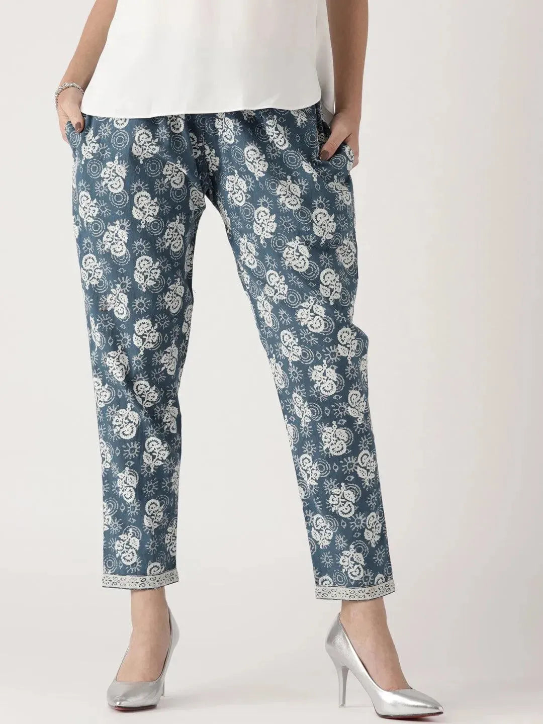 Blue Printed Cotton Trousers - Libas