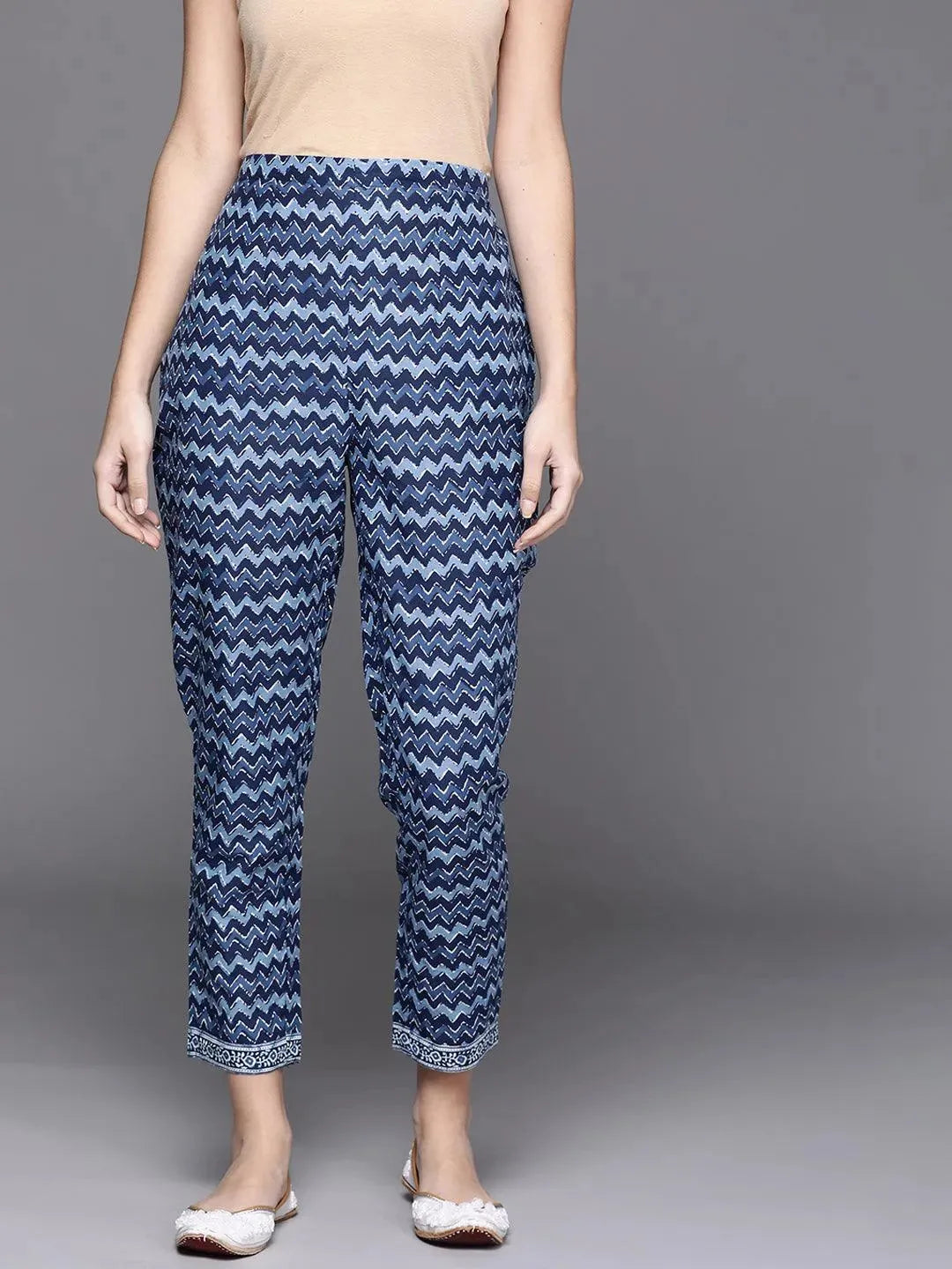 Blue Printed Cotton Trousers - Libas