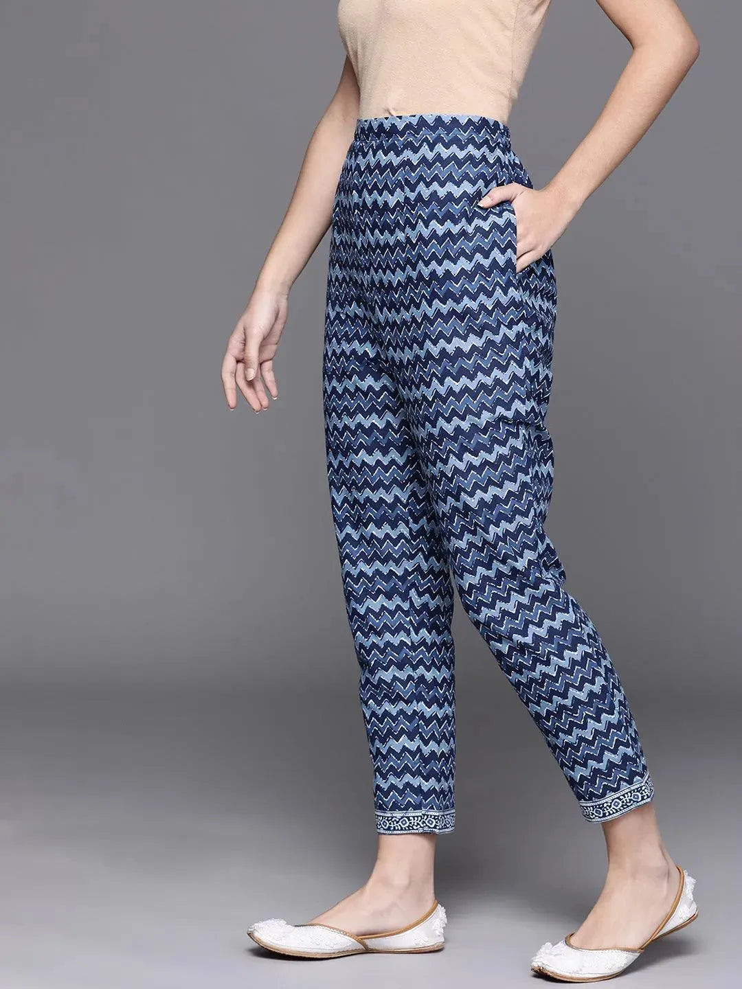 Blue Printed Cotton Trousers - Libas