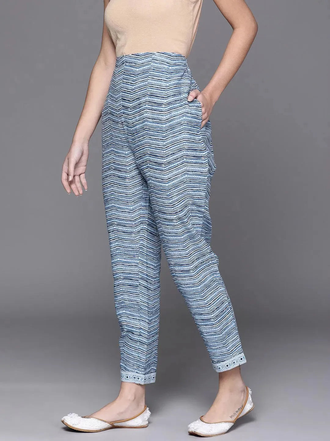 Blue Printed Cotton Trousers - Libas 