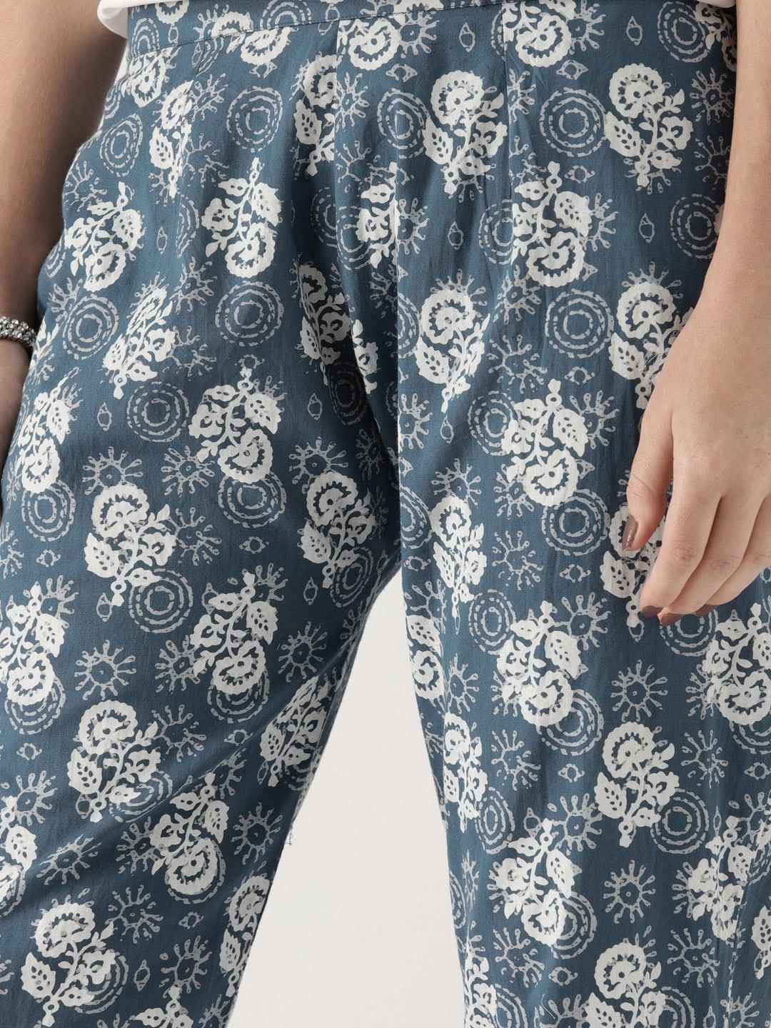 Blue Printed Cotton Trousers - Libas