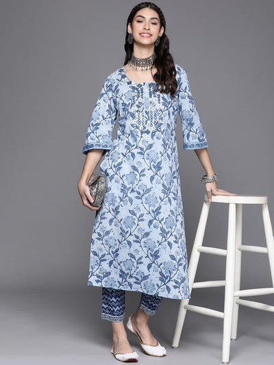 Blue Printed Cotton Trousers - Libas