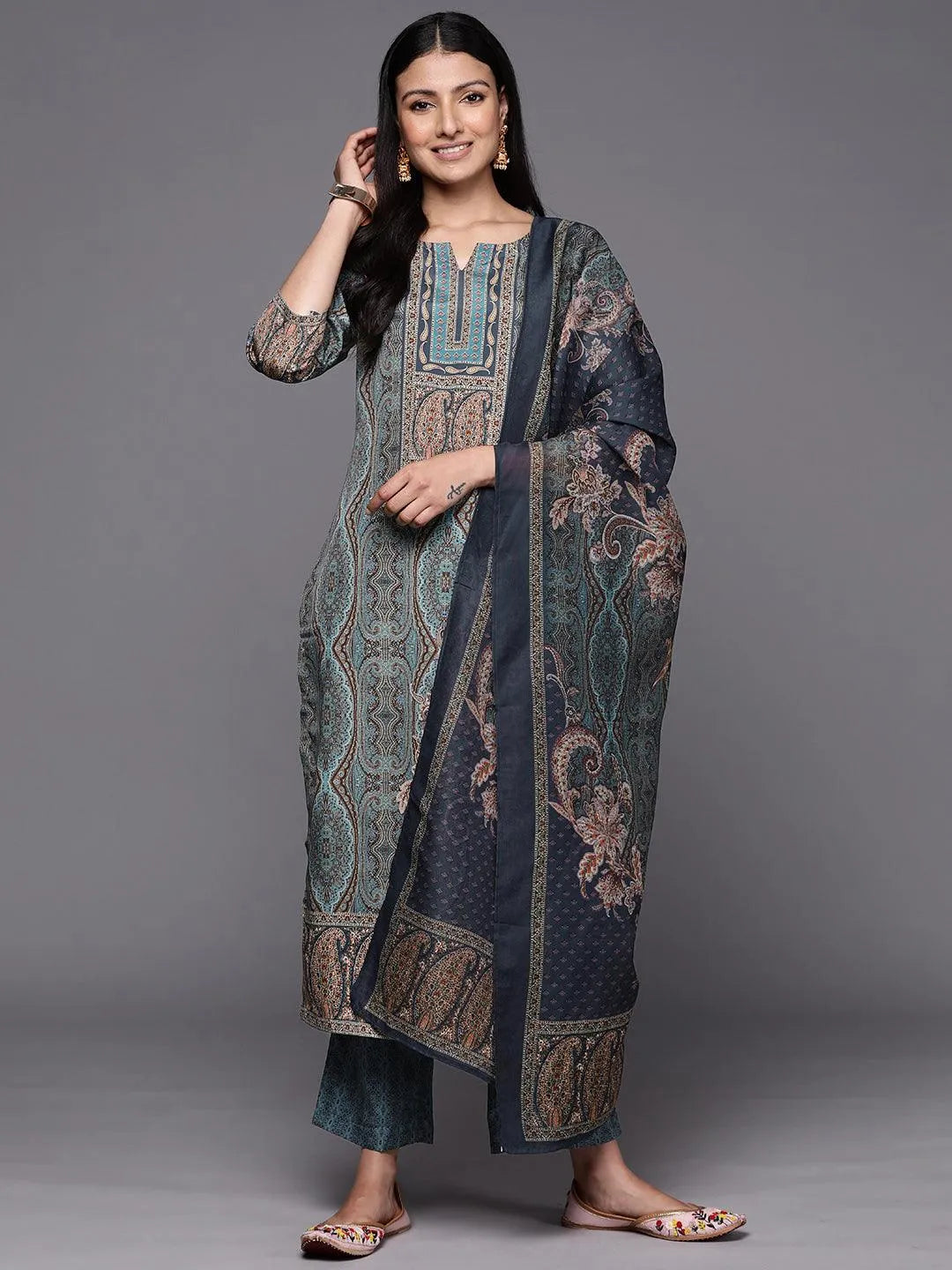 Blue Printed Crepe Straight Suit Set With Trousers - Libas 
