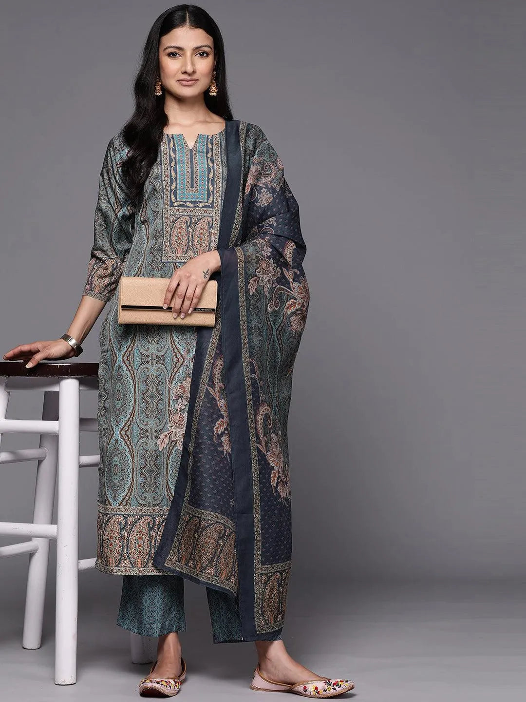 Blue Printed Crepe Straight Suit Set With Trousers - Libas 