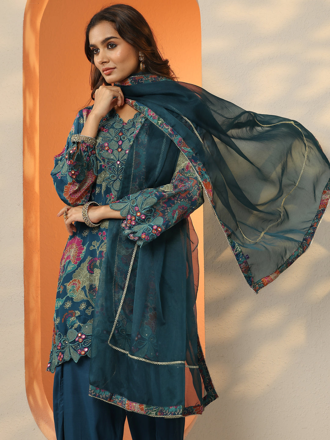Blue Printed Crepe Straight Suit Set With Dupatta