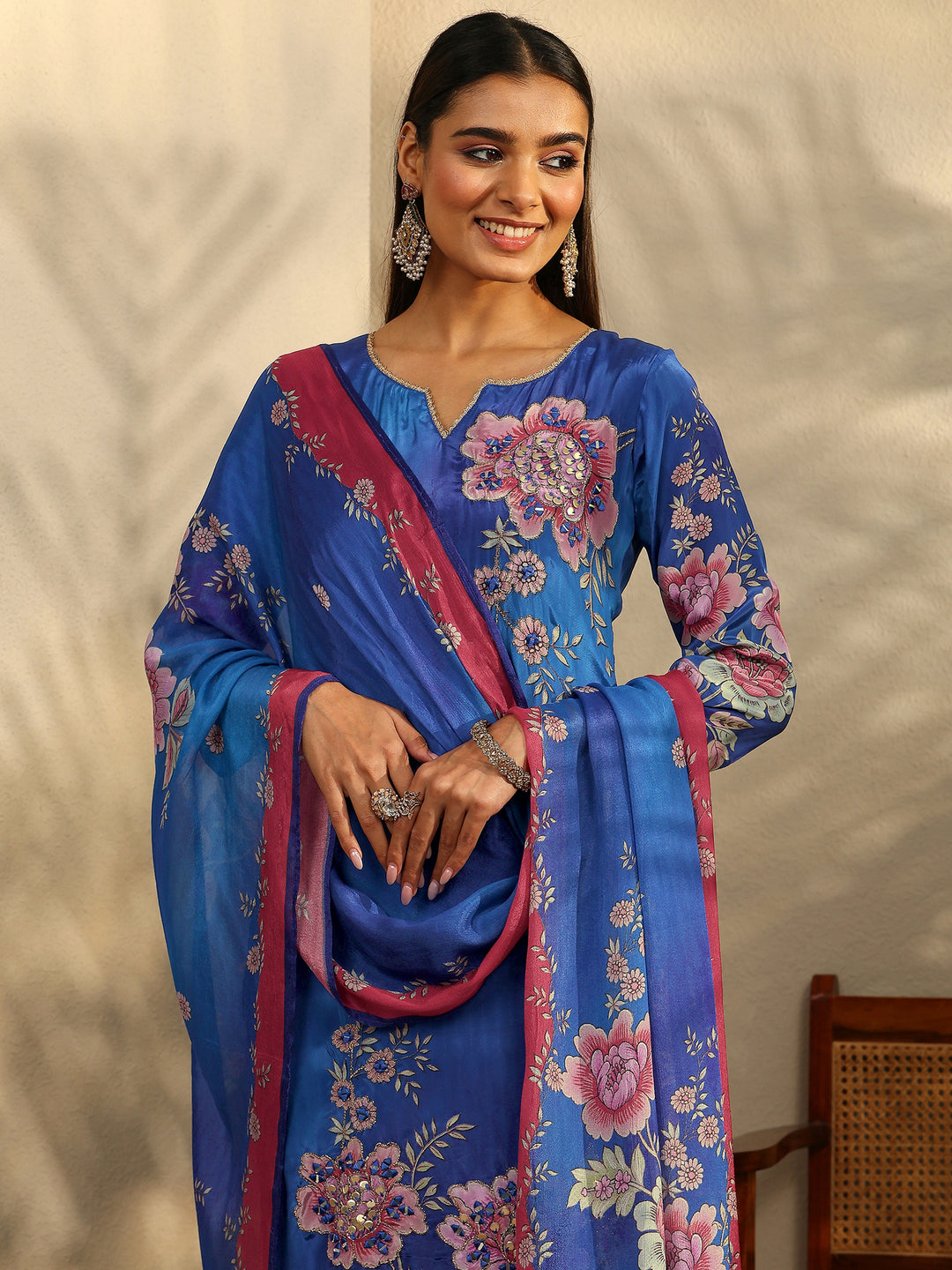 Blue Printed Crepe Straight Suit Set With Dupatta
