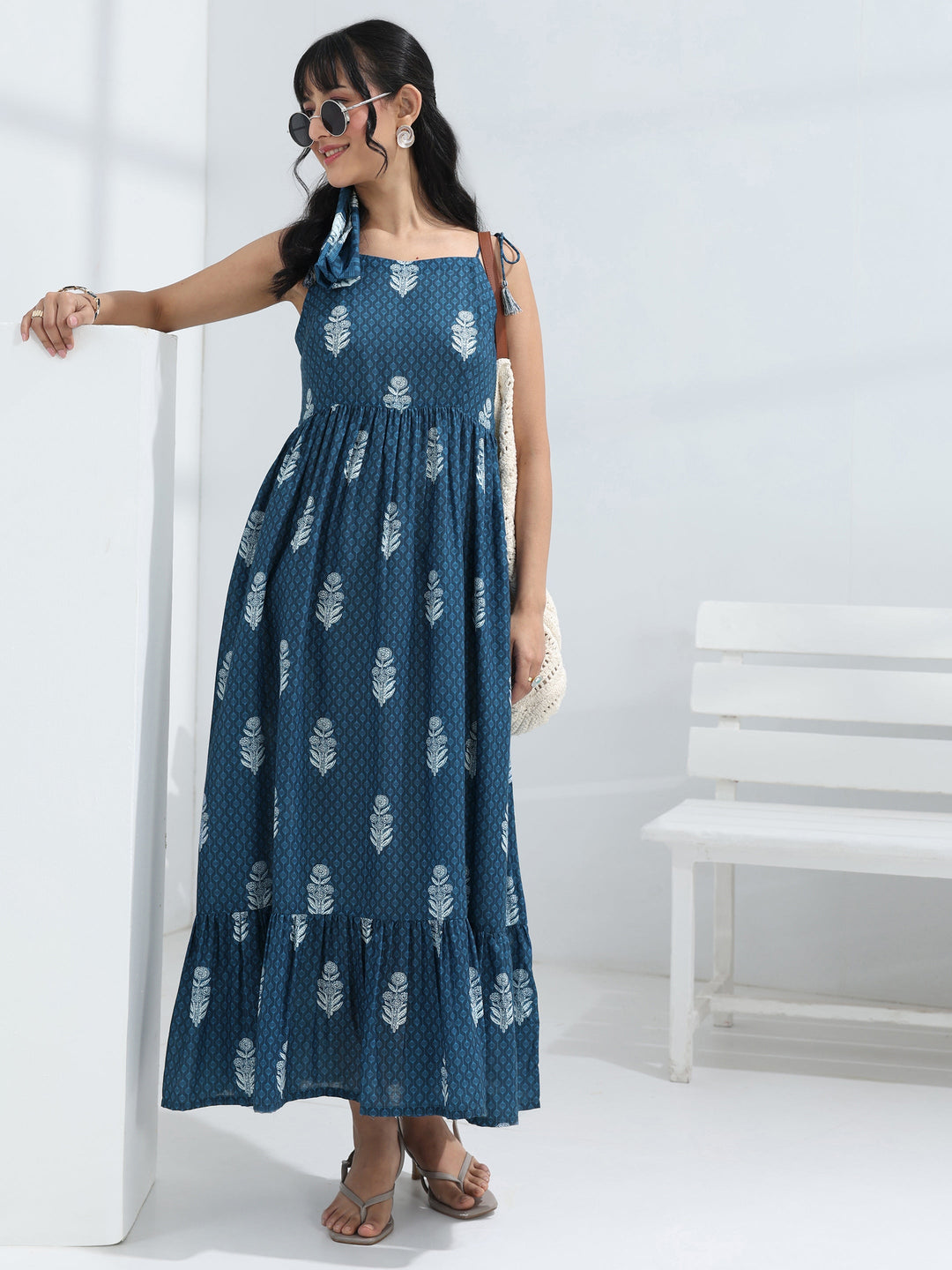  Blue Printed Fit-And-Flare Cotton Blend One-Piece Dress 
