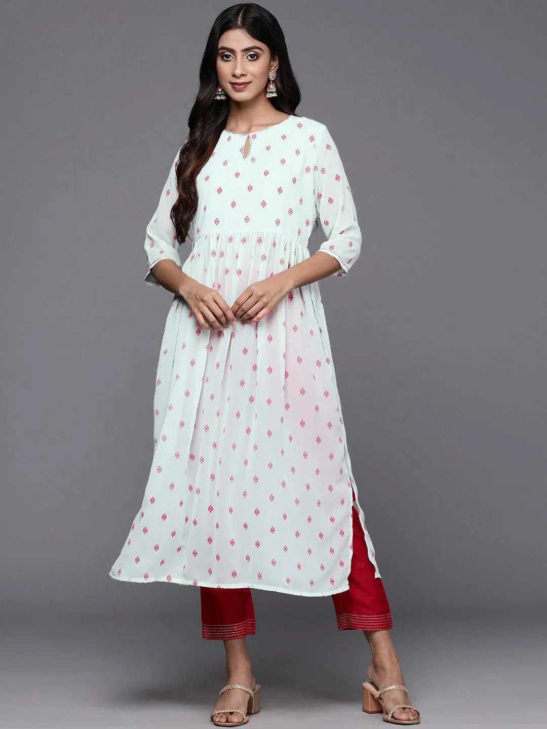 Blue Printed Georgette A-Line Kurta - Libas
