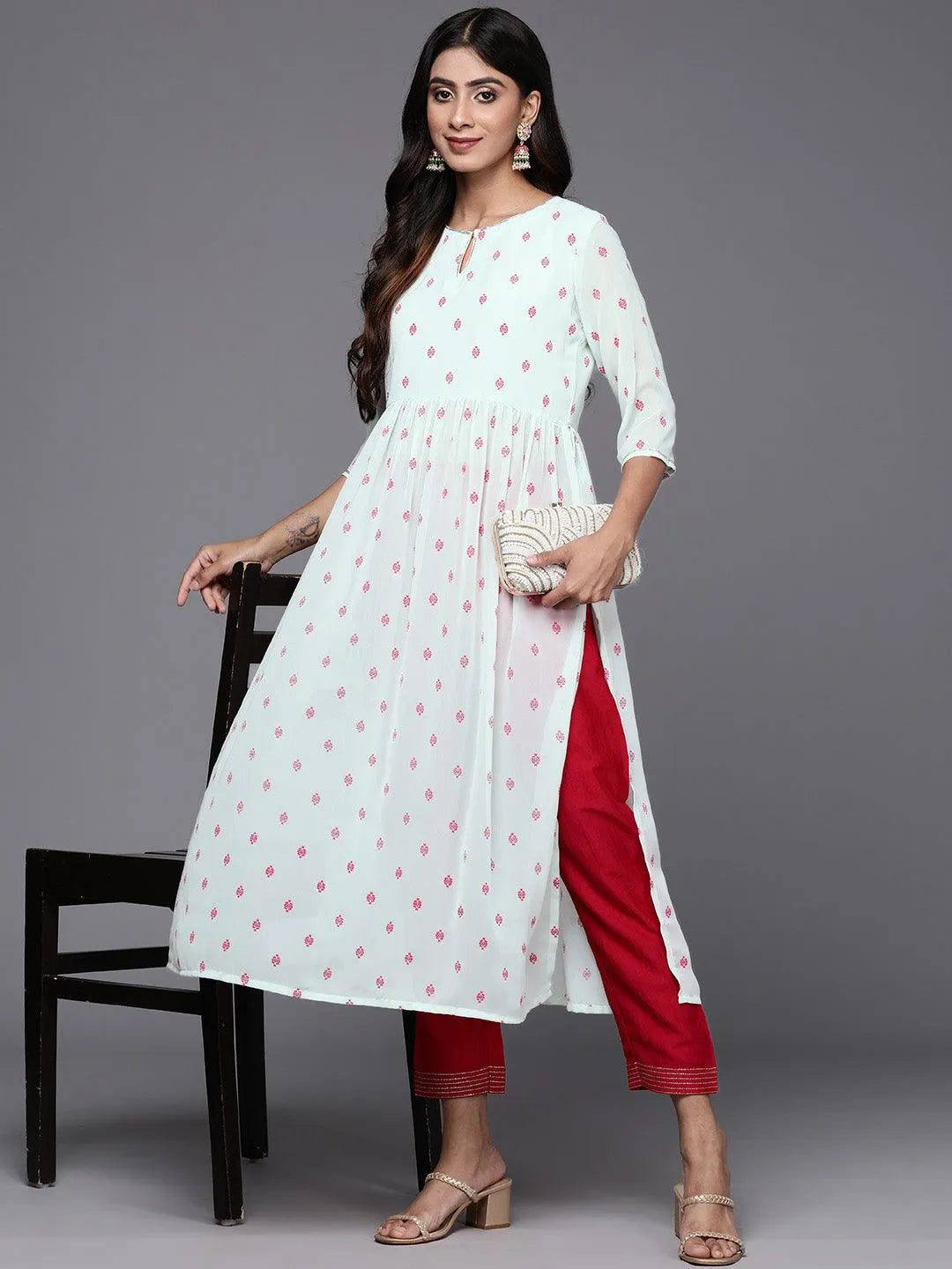 Blue Printed Georgette A-Line Kurta - Libas 