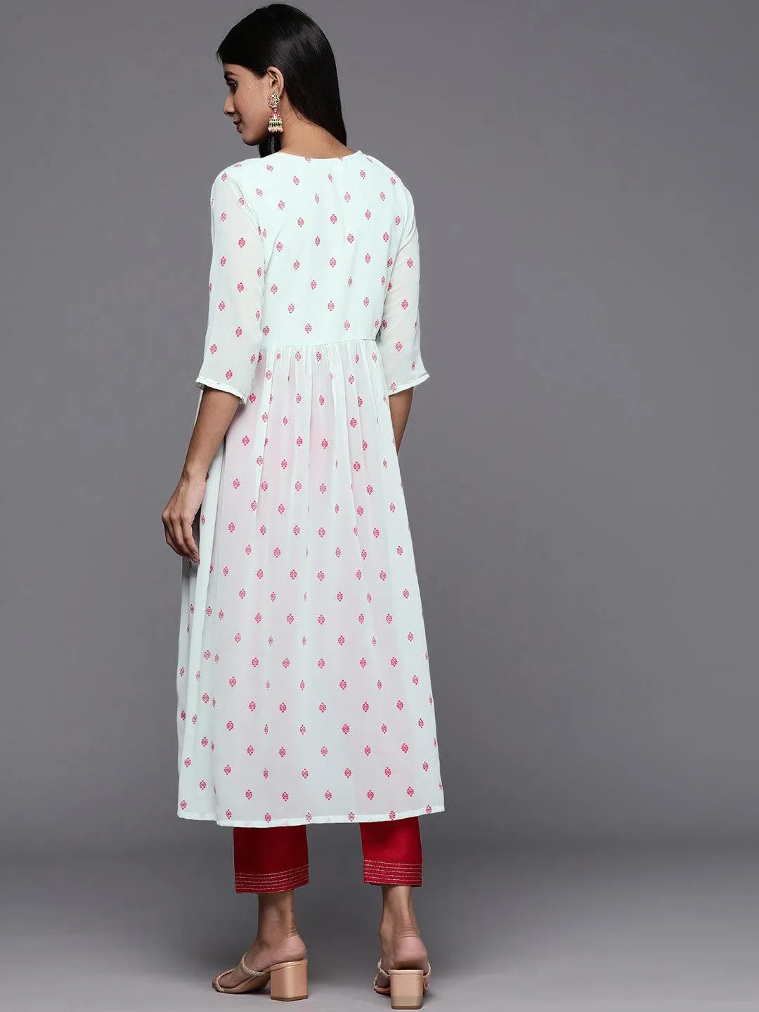 Blue Printed Georgette A-Line Kurta - Libas 