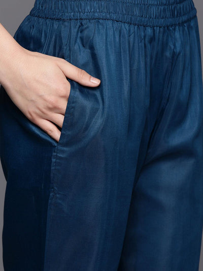 Blue Printed Georgette A-Line Kurta With Trousers & Dupatta - Libas