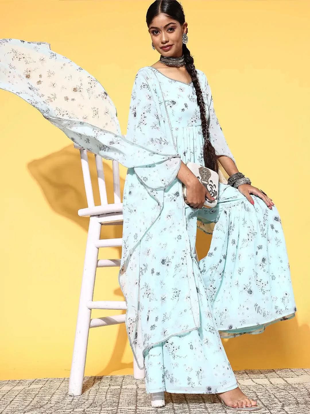 

Blue Printed Georgette A-Line Sharara Suit Set With Dupatta