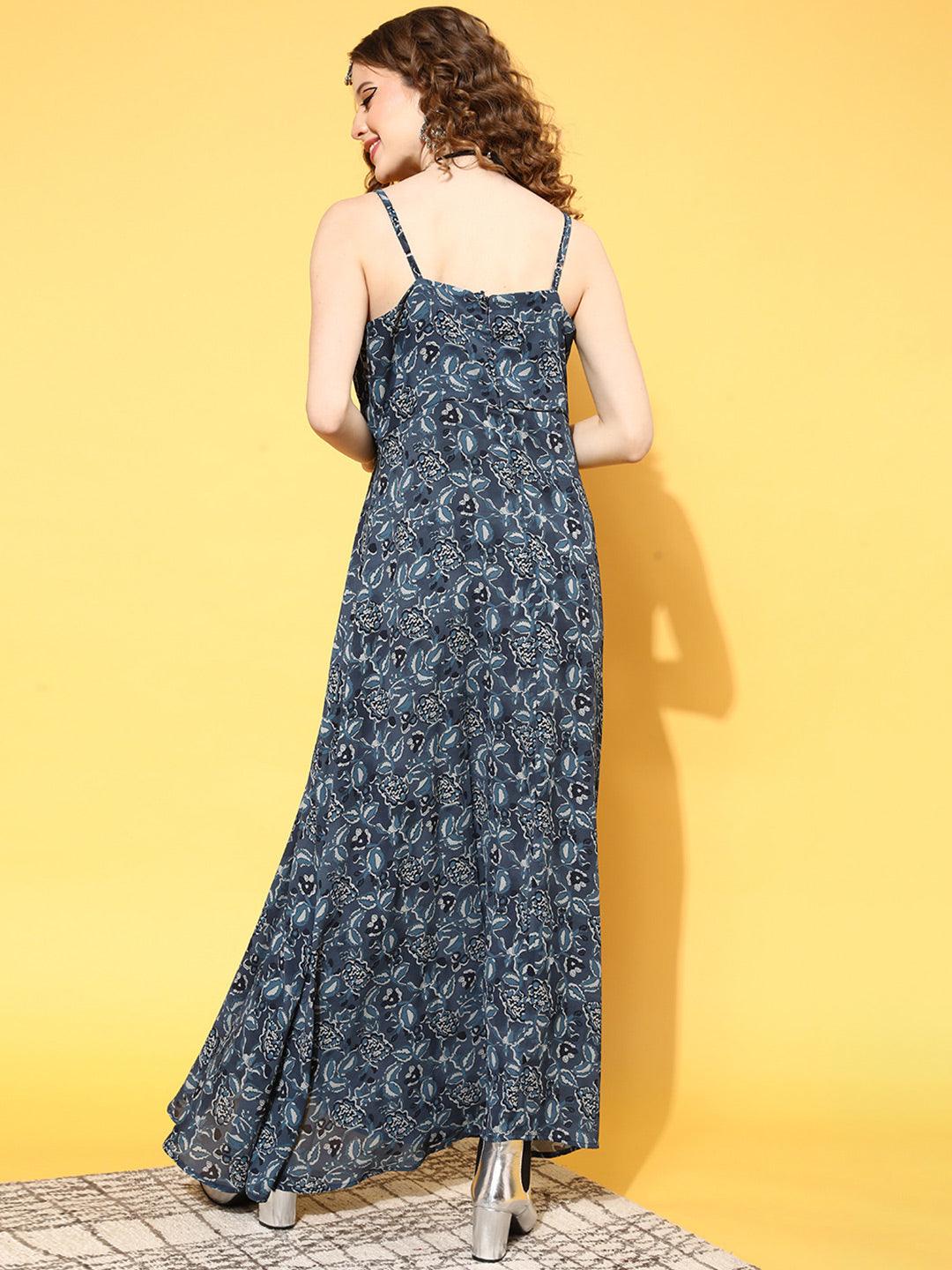 Blue Printed Georgette Dress - Libas