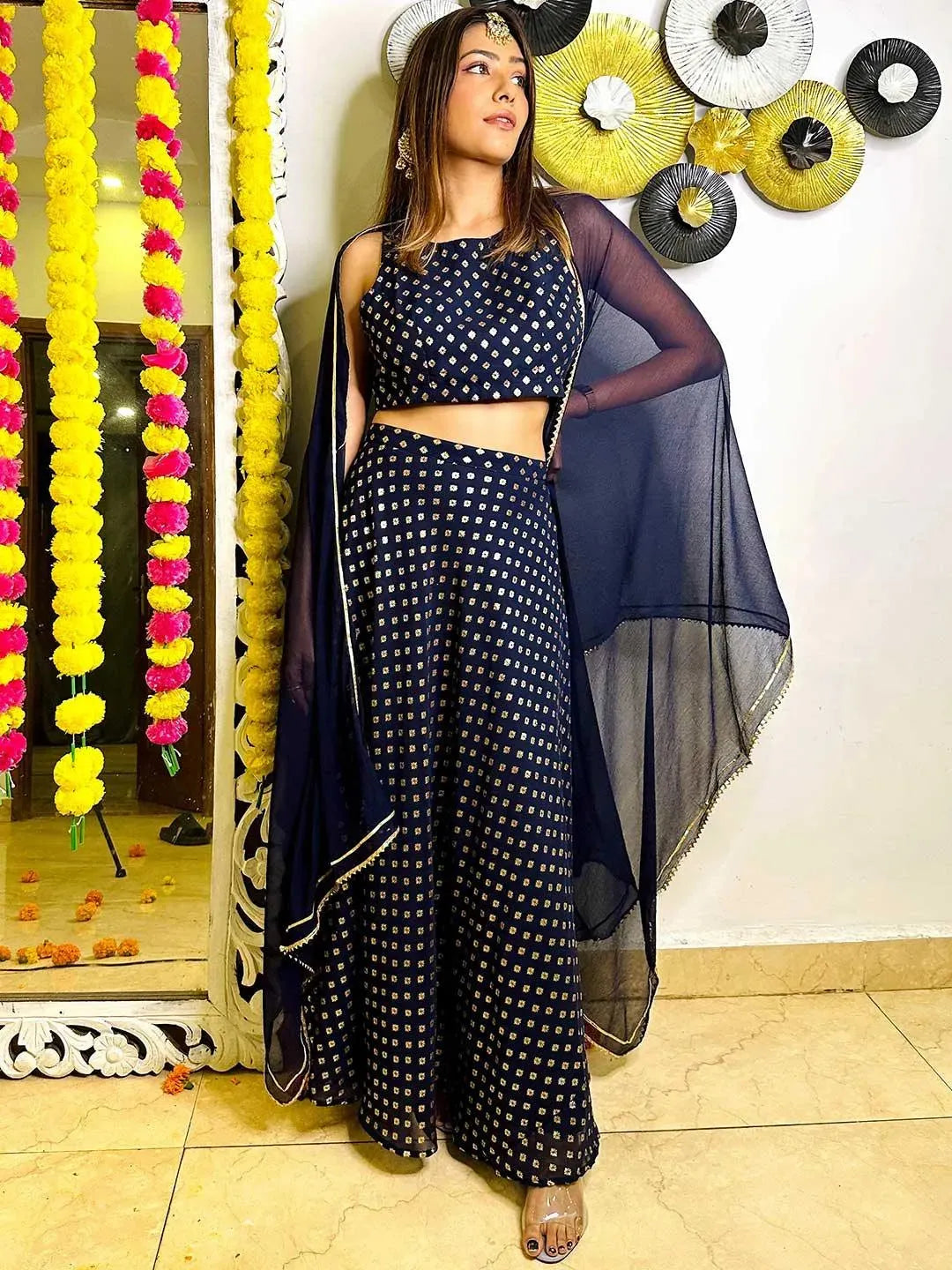 Blue Printed Georgette Lehenga Set - Libas