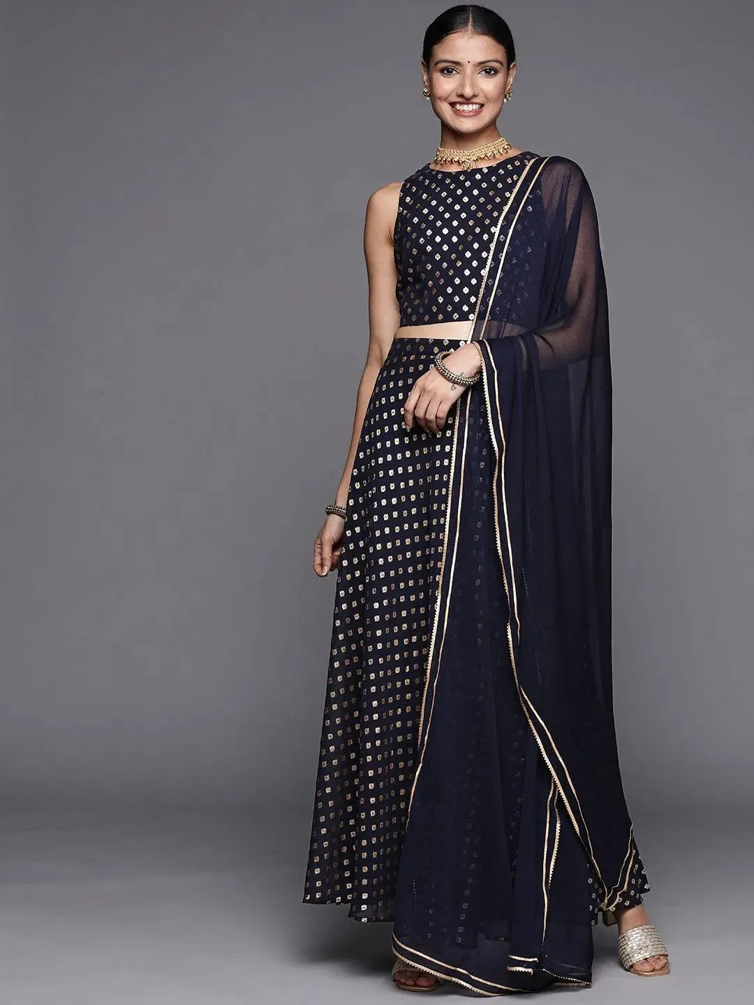 Blue Printed Georgette Lehenga Set - Libas 