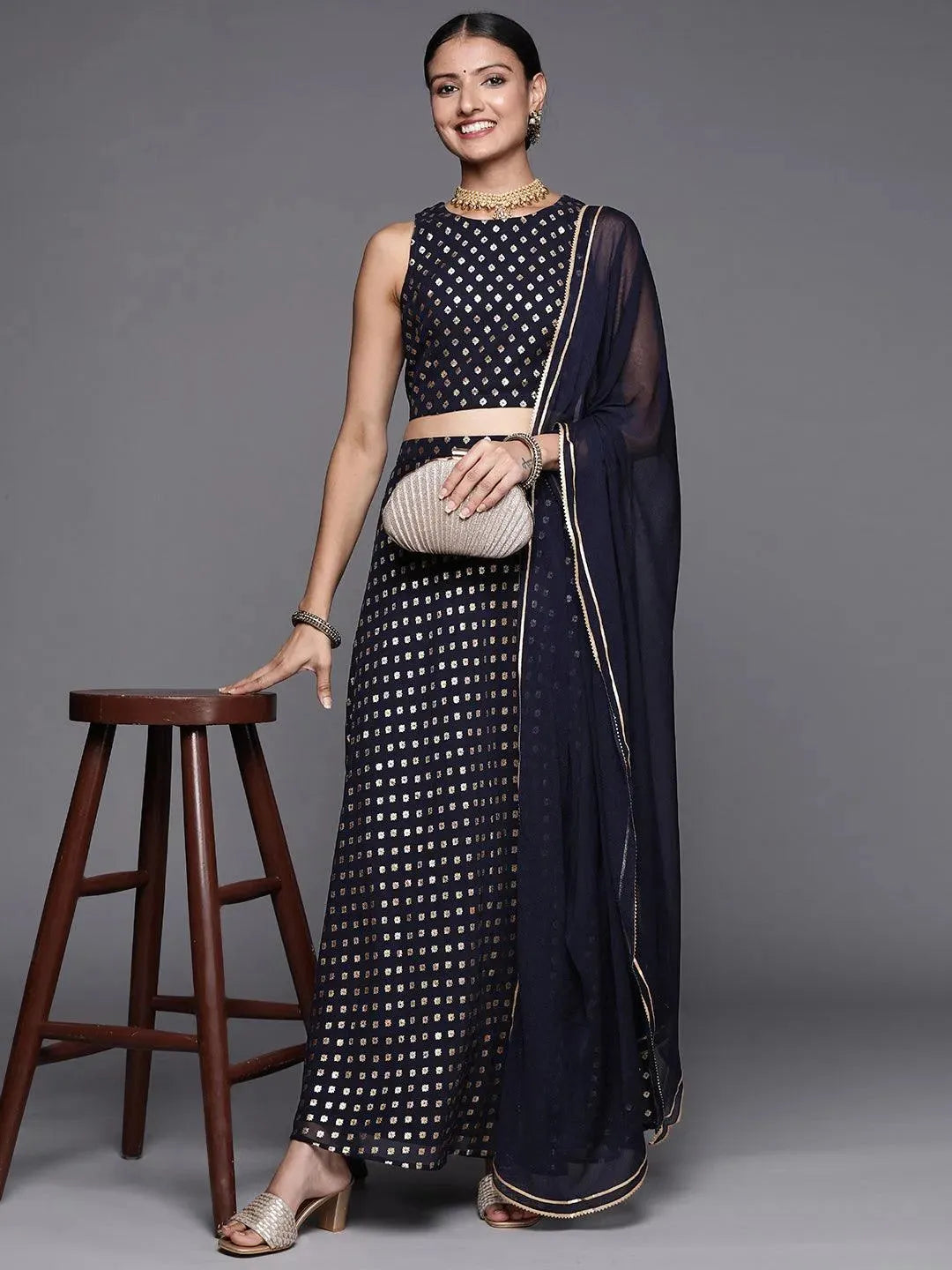 Blue Printed Georgette Lehenga Set - Libas 