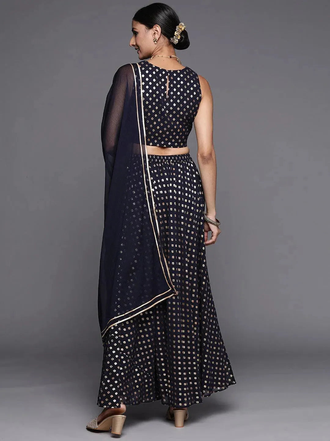 Blue Printed Georgette Lehenga Set - Libas 