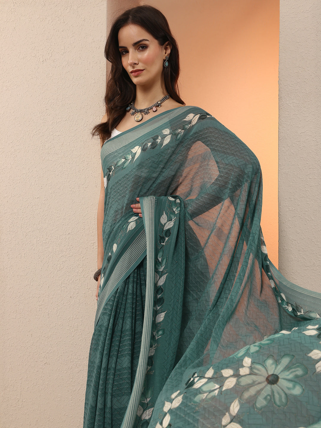  Blue Printed Georgette Saree With Unstitched Blouse Piece 
