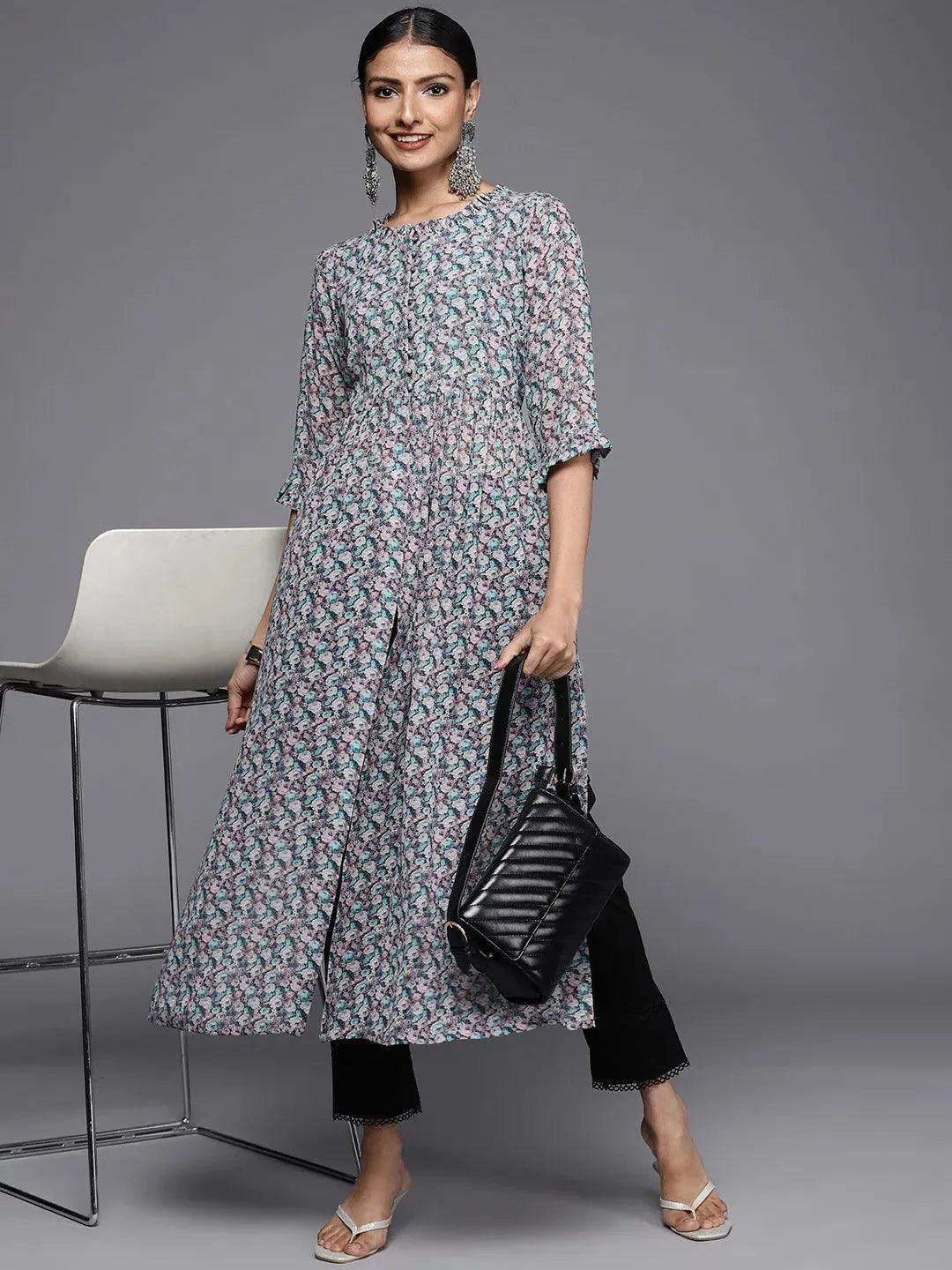 

Blue Printed Georgette Straight Kurta