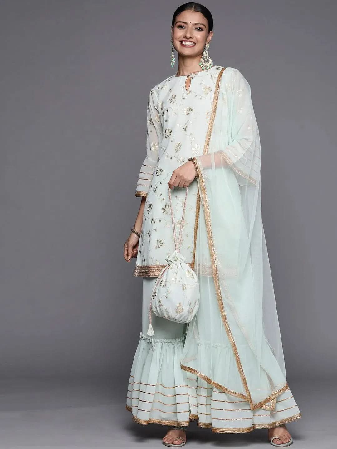 

Blue Printed Georgette Straight Kurta With Sharara & Dupatta