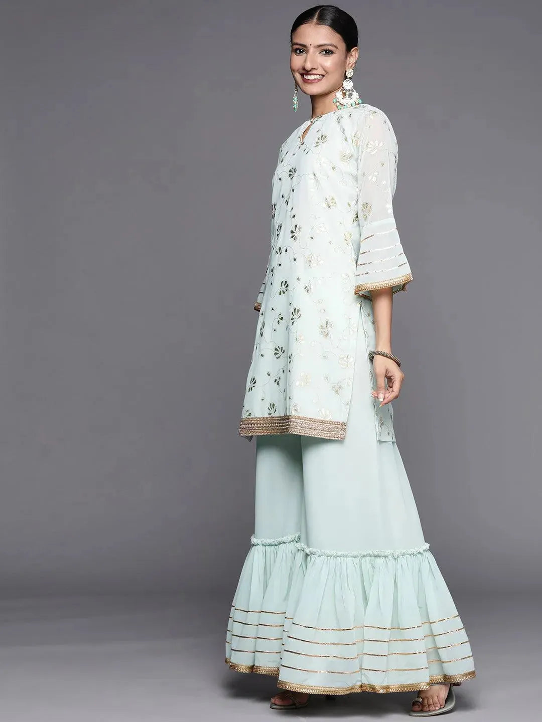 Blue Printed Georgette Straight Suit Set With Potli - Libas 