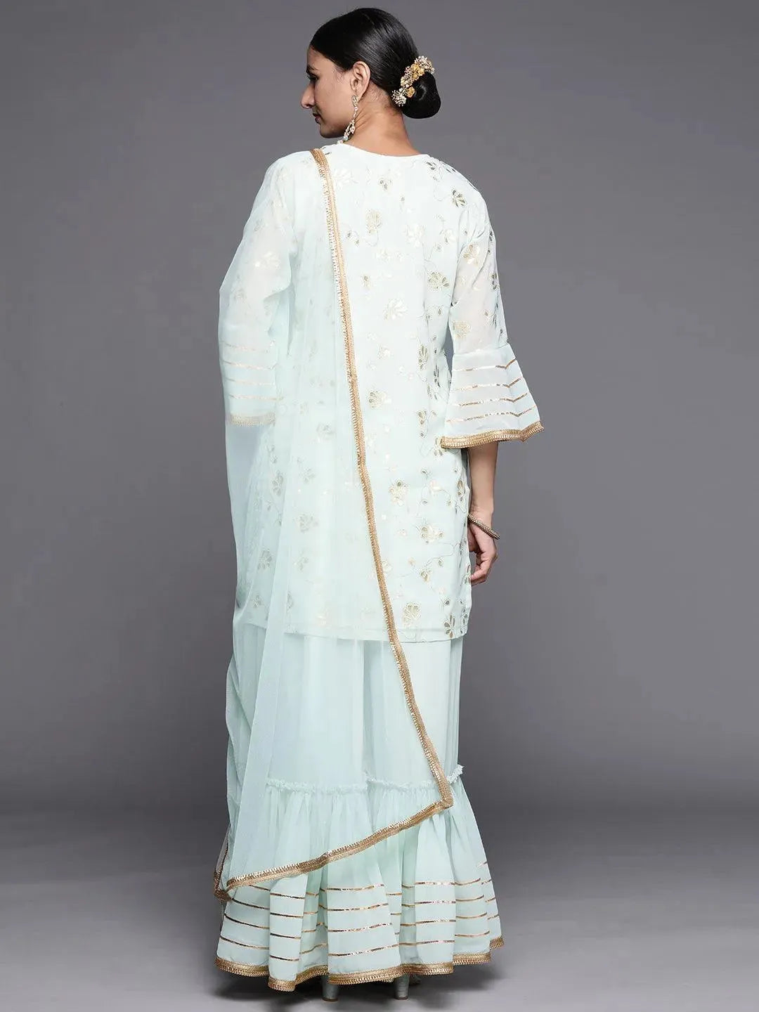Blue Printed Georgette Straight Suit Set With Potli - Libas 