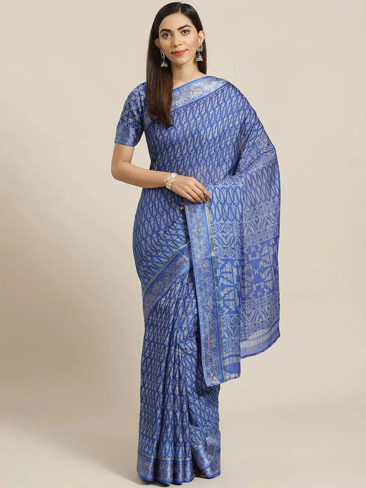 Blue Printed Linen Saree - Libas