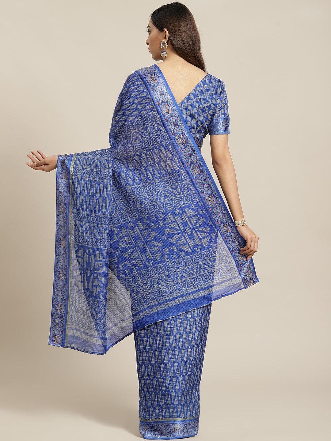 Blue Printed Linen Saree - Libas