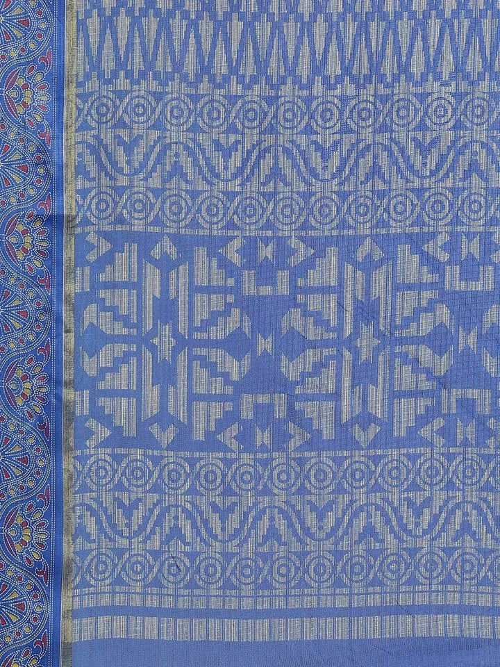 Blue Printed Linen Saree - Libas