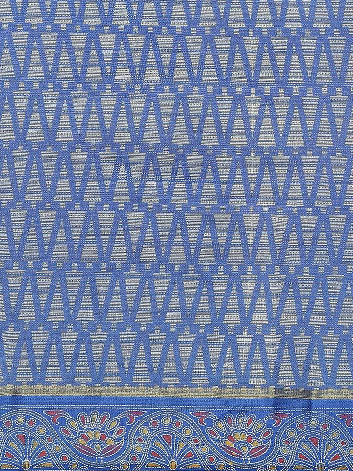 Blue Printed Linen Saree - Libas