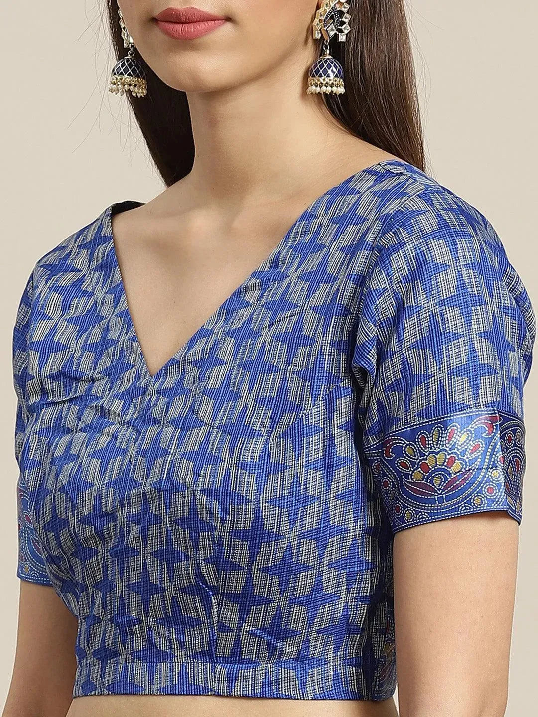 Blue Printed Linen Saree - Libas 