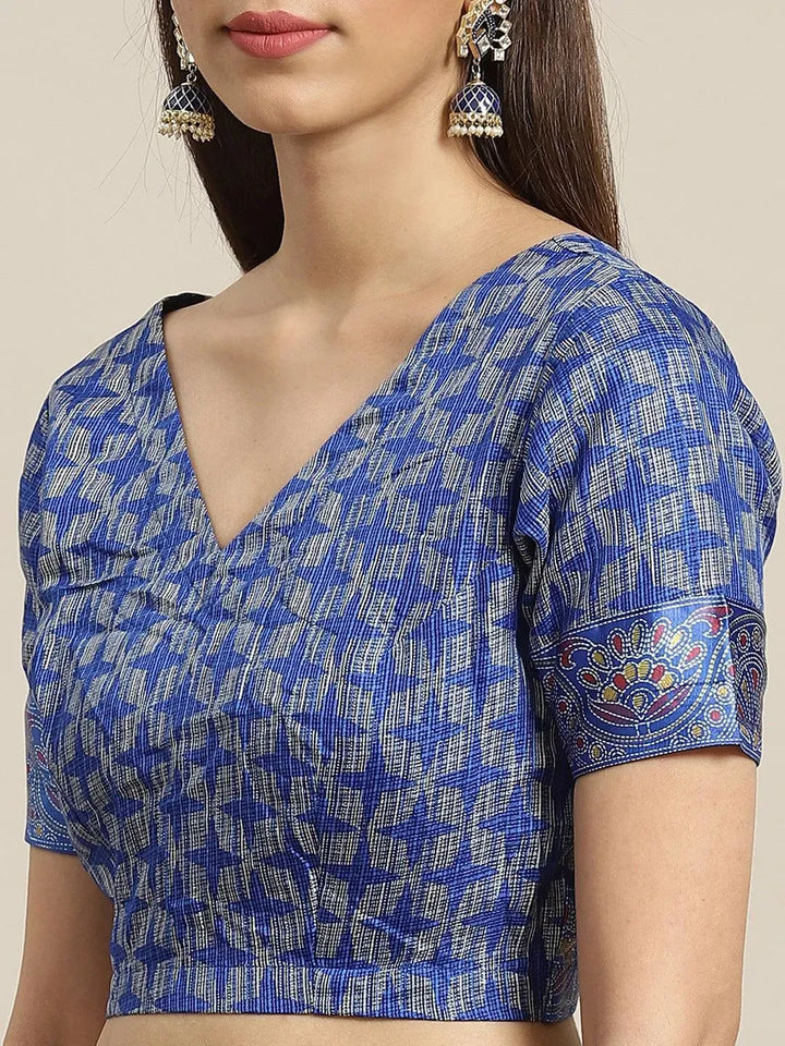 Blue Printed Linen Saree - Libas
