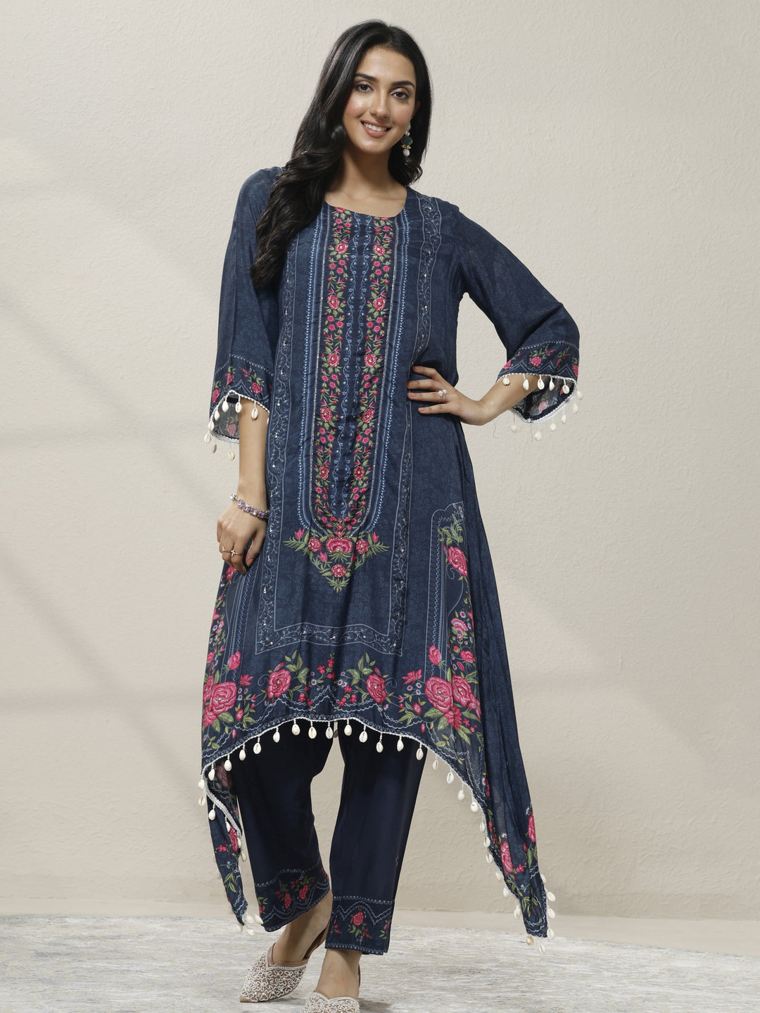 Blue Printed Muslin Straight Kurta Set