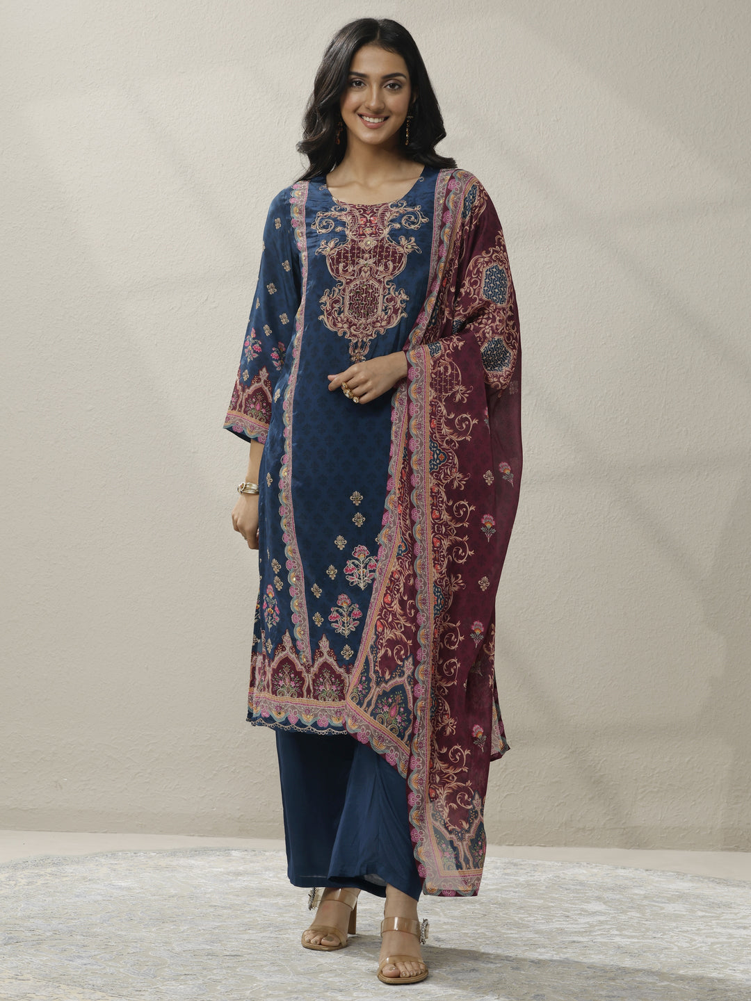 Blue Printed Muslin Straight Suit Set With Dupatta
